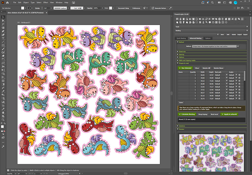 The PowerScripts Nesting panel inside Adobe Illustrator, with sticker artwork nested on the artboard