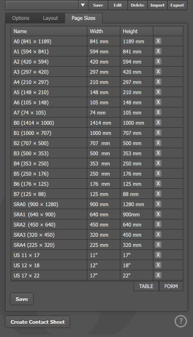 The Page Sizes tab