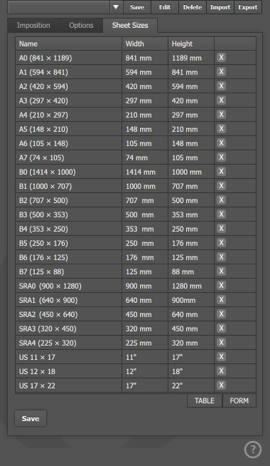 The Sheet Sizes tab