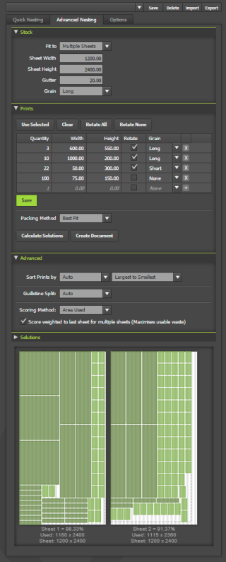 Advanced Nesting with rectangles (Best Fit), shown in an older version of the panel